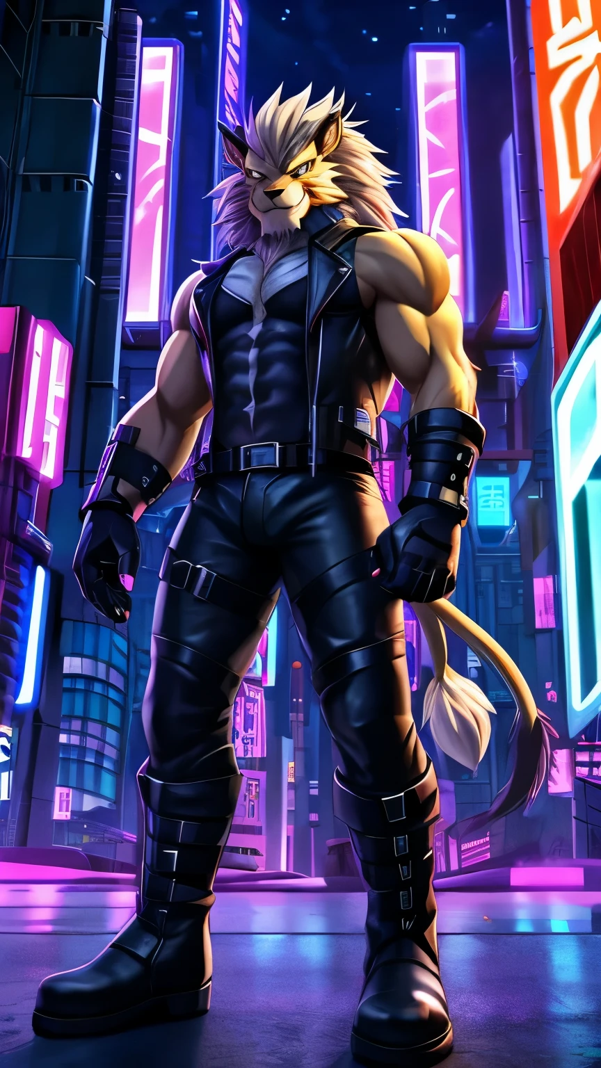 furry weregarurumon boy, muscular, Cyber City, night, white leather arms and hands glove , black leather legs and riding boots, leather pants, anime, digimon, 4K