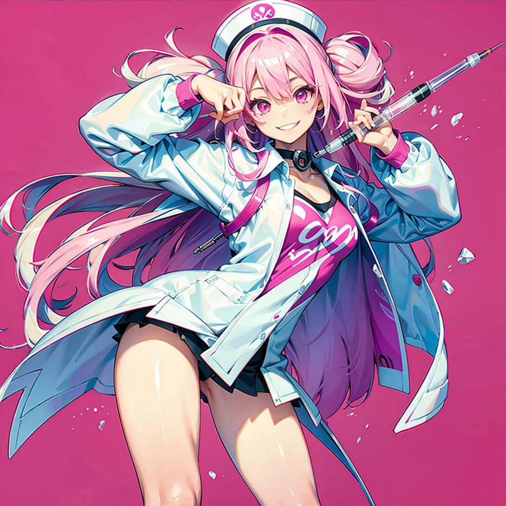 1girl、Dynamic composition、((Perspective Lens, A woman with long white and pink hair, Dynamic pose with a cute smiling face, He is holding a syringe bigger than himself towards the viewer.)) ((Pure Magenta Background:1.2)),Looks like she&#39;s in her early 20s,Shooting in mid-motion,With her long braided hair fluttering. Her outfit is a nurse&#39;s uniform,cleavage surgical nurse,  nurse cap, 、Black and deep pink color palette,And she&#39;s casually throwing money around,Be playful.,Super huge、detailed、Heart Injection、