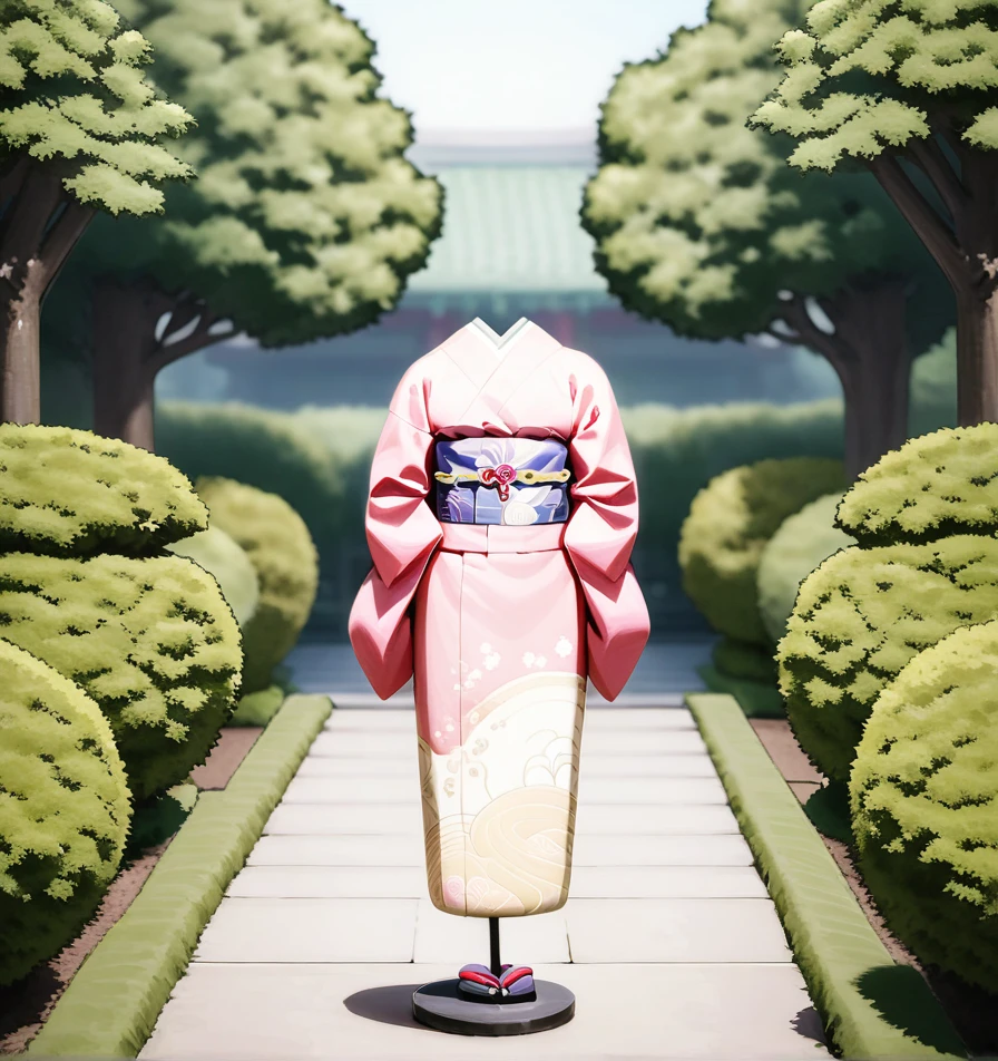 Generate an image of a geisha kimono dress  garden with meticulously manicured trees and shrubs, featuring a path lined with hedges. In the foreground, there is a mannequin wearing a light green kimono with pink floral patterns, paired with a light orange obi belt. The kimono is intricately designed, and the mannequin stands in the center of the path with a traditional Japanese house in the background 