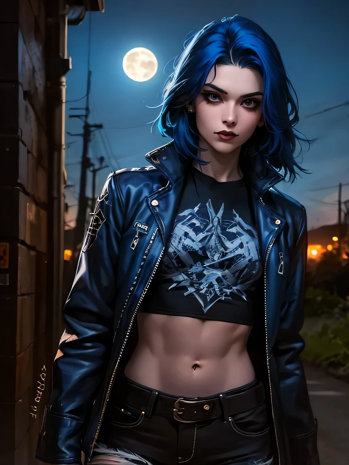 Best Quality,Masterpiece,Ultra High Resolution,(Realisticity:1.4),Original Photo,Cinematic Lighting, 1girl, solo, Metalhead Style girl at night under the moonlight, wearing ripped black pants, black clothes, fit Hot body, heavy metal style, photography, heavy metal concert. realistic, datailed, detailed face, 4K. (blue hair:1.4), short hair,