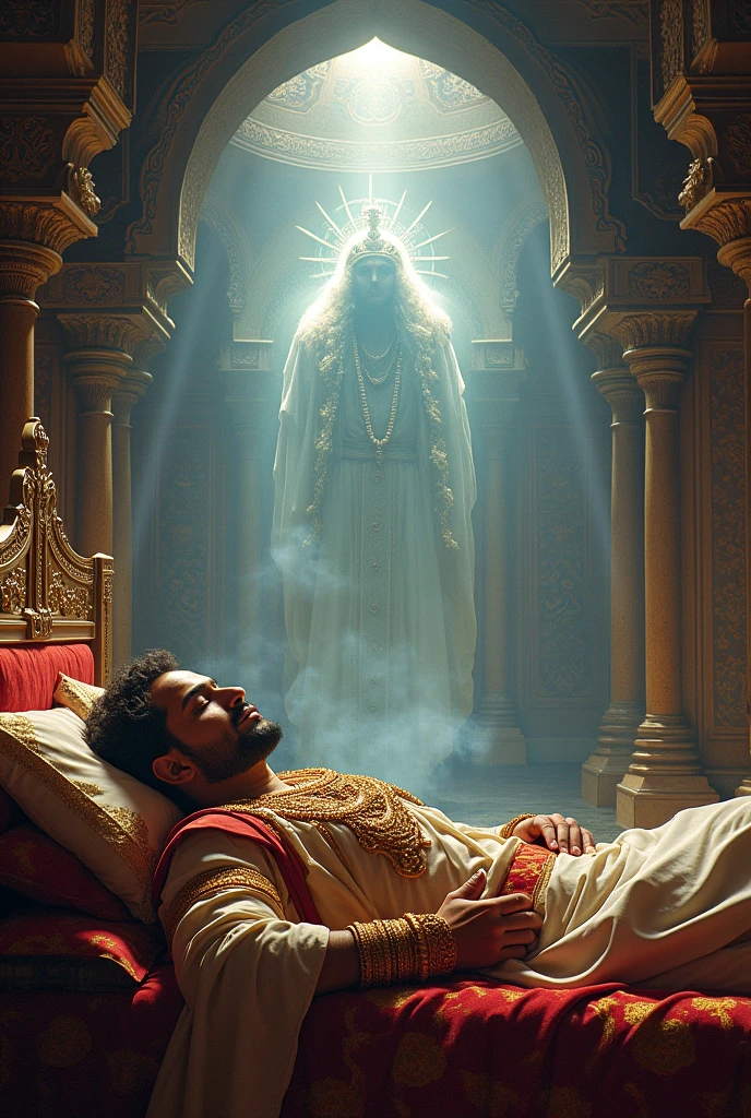 The queen, lying in bed, surrounded by her attendants, as Yamaraj appears before her, his figure ethereal and commanding.