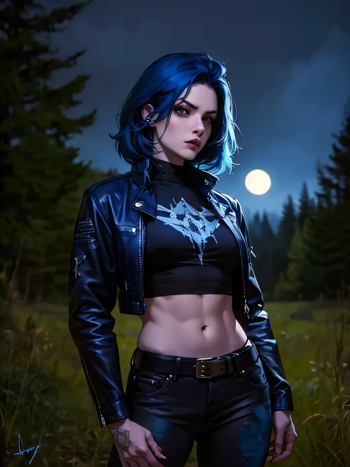 Best Quality,Masterpiece,Ultra High Resolution,(Realisticity:1.4),Original Photo,Cinematic Lighting, 1girl, solo, Metalhead Style girl at night under the moonlight, wearing ripped black pants, black clothes, fit Hot body, heavy metal style, photography, heavy metal concert. realistic, datailed, detailed face, 4K. (blue hair:1.4), short hair,