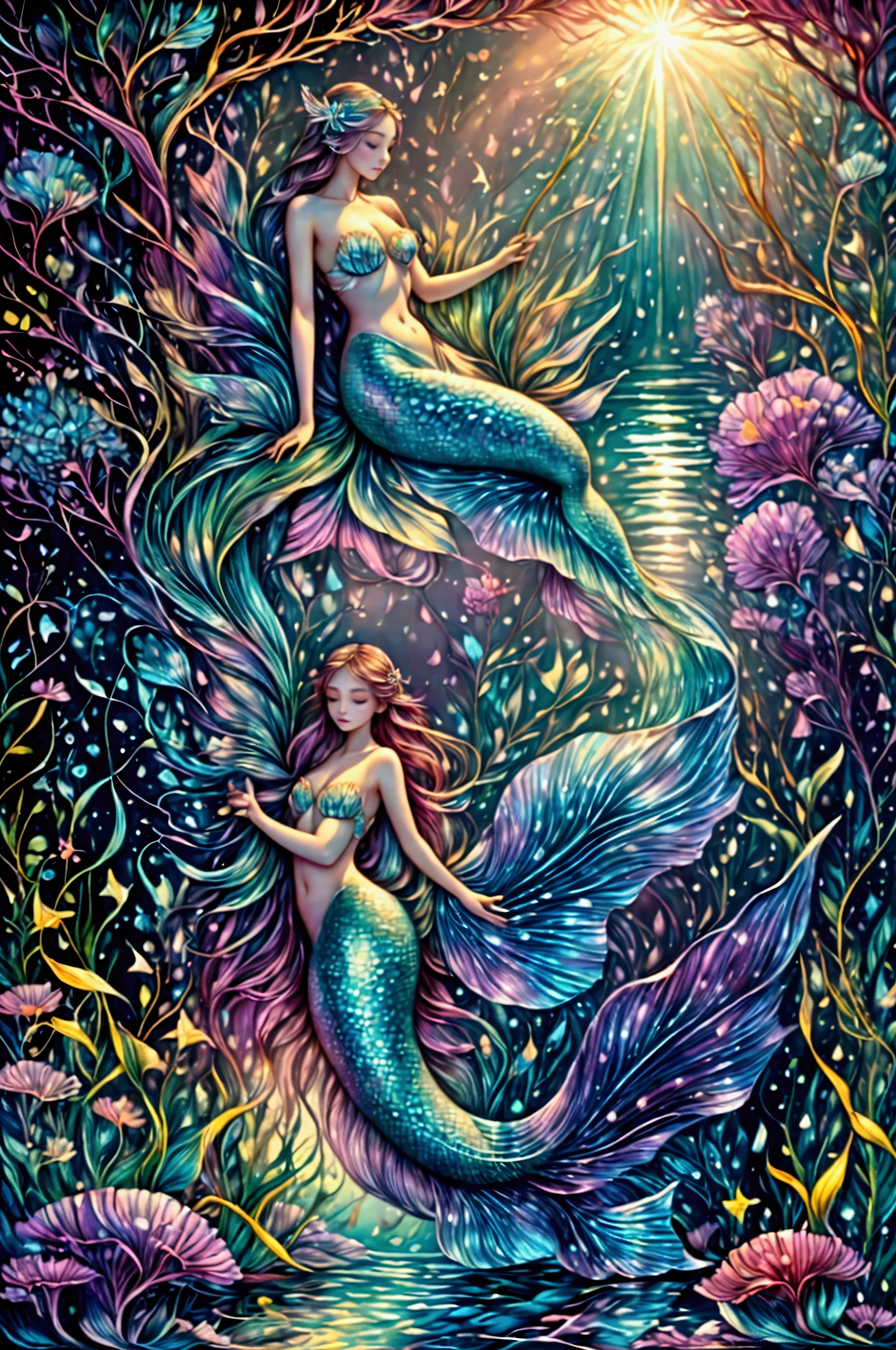A dreamy underwater scene::2 featuning a mermaid::1, playing a harp::1, surrounded by glowing jellyfish::2, in a surrealist style reminiscent of Salvador Dali.