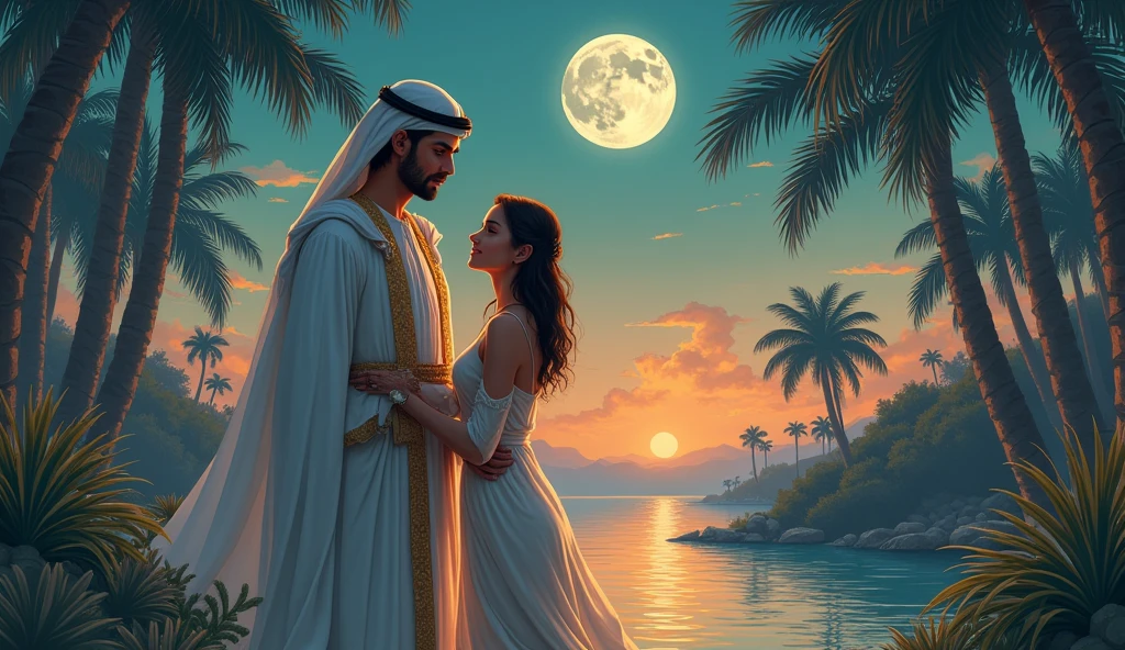 Create an image of a beautiful indian girl called Saranya wearing a golden nightie along with Mohammed bin Salman whose chubby and fat, he's the prince of Saudi Arabia. They both looking at the stars at night from their palace balcony.