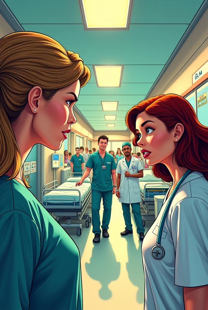2 women subjects,((comic about grabbing breasts)) a topless 20 year old woman patient with ((giant, huge breasts)) having her breasts groped, fat blonde older nurse with glasses staring at patients breasts, embarrassed patient with red hair and blonde highlights, in the style of Norman Rockwood, highly realistic oil painting, good anatomy, good arms, realistic arms and torso, detailed clinic background,