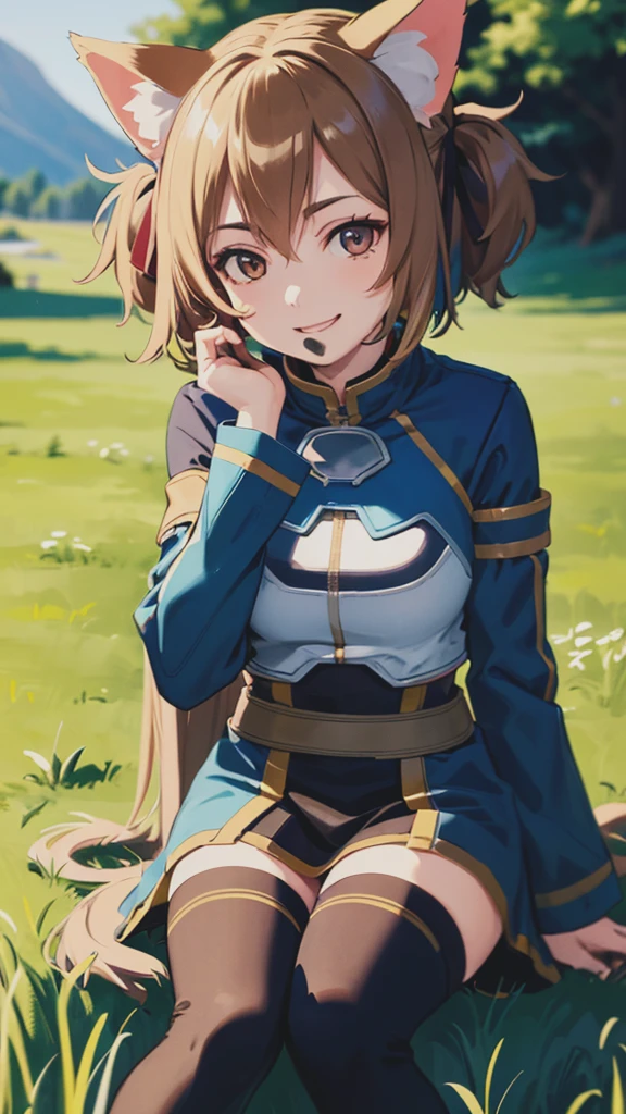 (Photo:1.3), highdetail, Silica_ALO, solo, smile, sitting, grass, looking at viewer, head rest, cat ears, (acclaimed, alluring, captivating, exciting, gorgeous, striking:1.3), beautiful, (highly detailed, high quality:1.3)