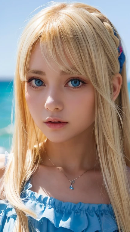 Adorable, 14years , Ruffled plummeting one-piece swimsuit,  A very beautiful blonde girl from Scandinavia,  Lush bust,Beach,   Low contrast, (Smirking expression:0.8), Super Long Straight Silky Hair、hair scrunchie,  long bangs between eyes、Best Quality, 超A high resolution, photographrealistic, ultra-detailliert, 8K, Raw photo, masuter piece、Very beautiful bright and shining light blue big eyes、very big eyes、gloss cheek highlights、Small face beauty、Kamimei