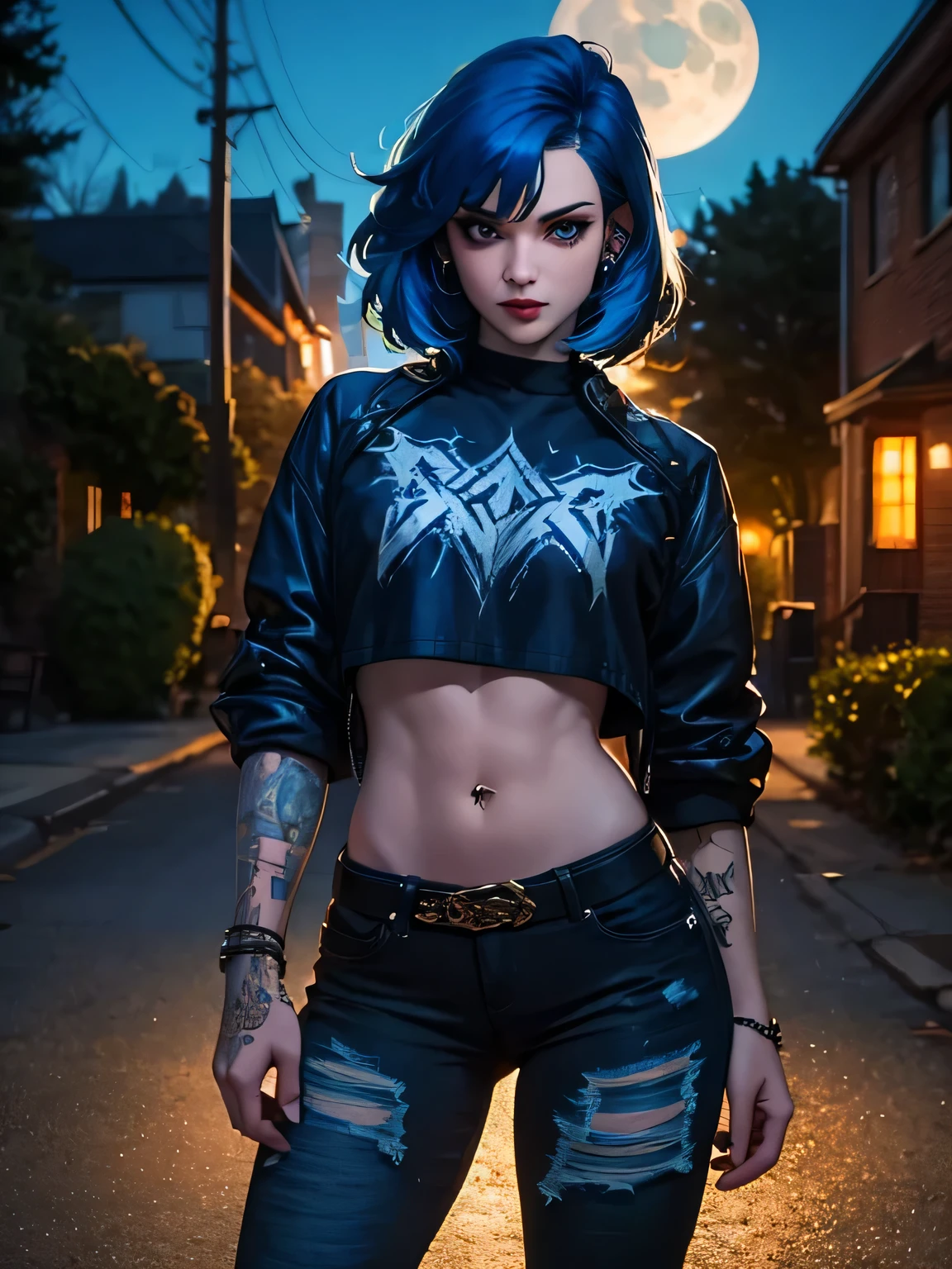 Best Quality,Masterpiece,Ultra High Resolution,(Realisticity:1.4),Original Photo,Cinematic Lighting, 1girl, solo, Metalhead Style girl at night under the moonlight, wearing ripped black pants, black clothes, fit Hot body, heavy metal style, photography, heavy metal concert. realistic, datailed, detailed face, 4K. (blue hair:1.4), short hair,