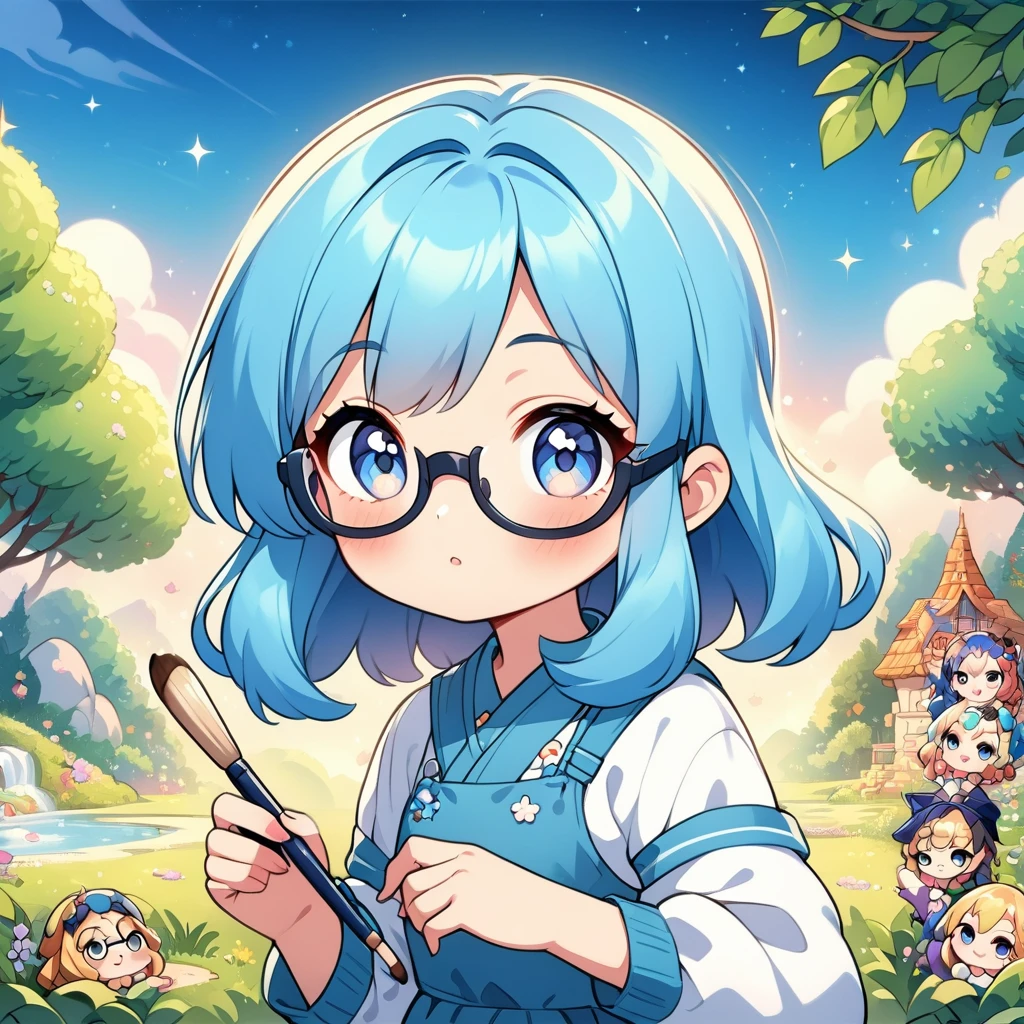 Blue hair and glasses、Cartoon girl holding a paintbrush, Cute art style, Anime Moe Art Style, Cute realistic portrait, IG Studio Anime Style, Anime art style, Cute portrait, Cute anime style, Chibi Art, Chibi Style, Cute pretty girl, Anime art style, , In anime style, beautiful Anime art style, Anime style portrait,4Kグラフィック,