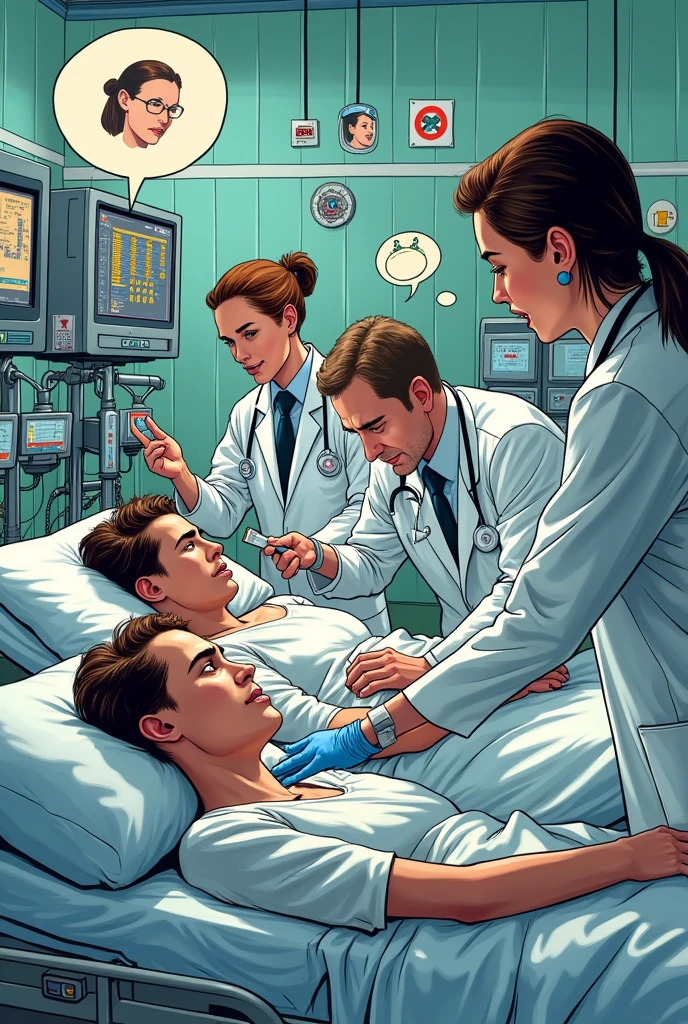 In an autopsy room, Doc Sheddon, in a lab coat, carefully inserts a pencil into a wound to show the bullet’s trajectory. Harry, in a grey suit with a loosened tie, watches intently, while Kate, in a dark blazer and skirt, looks thoughtful. Lonnie, in a casual shirt, is curious. The panel is split: an overhead shot shows all four characters around the body, and a close-up highlights the pencil’s angle inside the wound. It’s morning.
