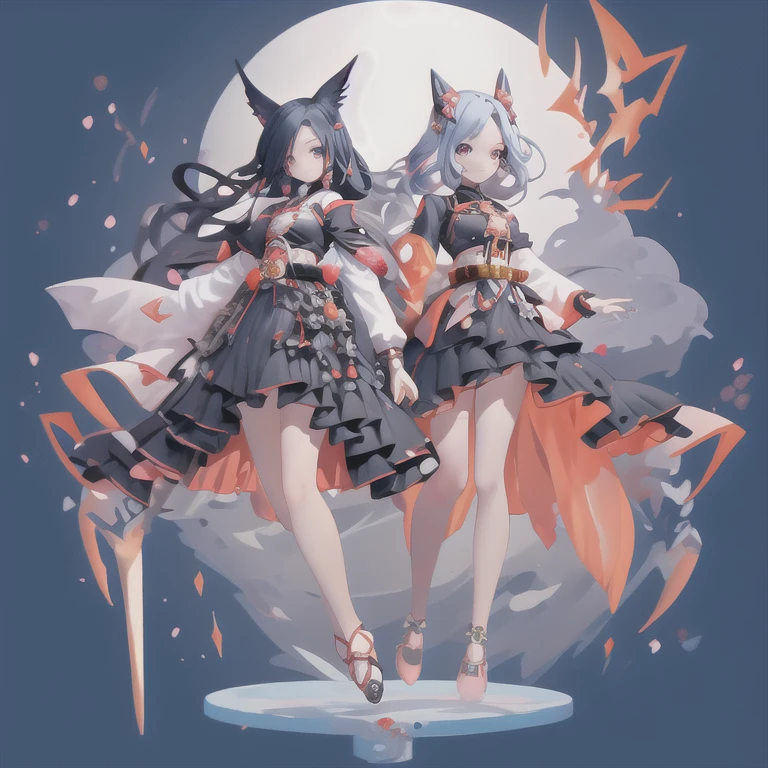 best quality, 8k, original photo, Ridiculous, Extremely detailed, Fox-eared maiden，baby face, No makeup,  expressions，slim, Perfect proportion, White straight hair, (wind, wind-effect), Red Eyes, Various visual styles for backgrounds，combines various artistic elements，like a sparkling iridescent rainbow，Fox tail，Lace dress，wearing glasses