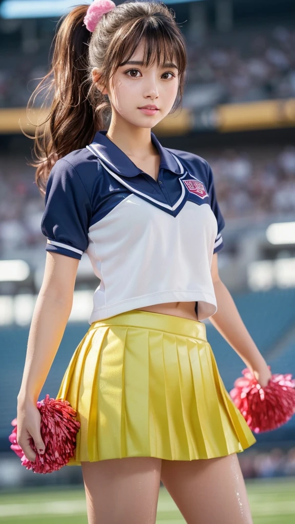 cheerleader,little smile,cheer leading,cheerleader uniform, (((masterpiece))), (((best quality))), ((ultra-detailed)), (illustration), ((an extremely delicate and beautiful)),(bokeh,blurry background),(best shadow), 1girl,white panties, black hair, long hair, kawaii,cute,, shine Highlight Spot on eyes, character focus,head tilt,