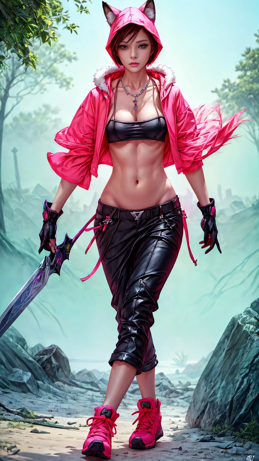 Oh, league of legend, sexy for, wallpapers, detailed eyes, fox ear, (fox tails), a skirt, (long pink fur), medium breasts, Looking at_Shown in_Looking atl espectador, short_Hair, gloves, belly button, fail, Blue_there are eyes, Eternal, full_body, weapon, Footwear, Necklaces, negro_gloves, pulp, hooded, Hair_overcome_Yoon_there are eyes, cultivator_above, hoodie, negro_pants, sneakers, cut_Jacket, cyber punk character, cut_hoodie, ((anatomically perfect:1.5))