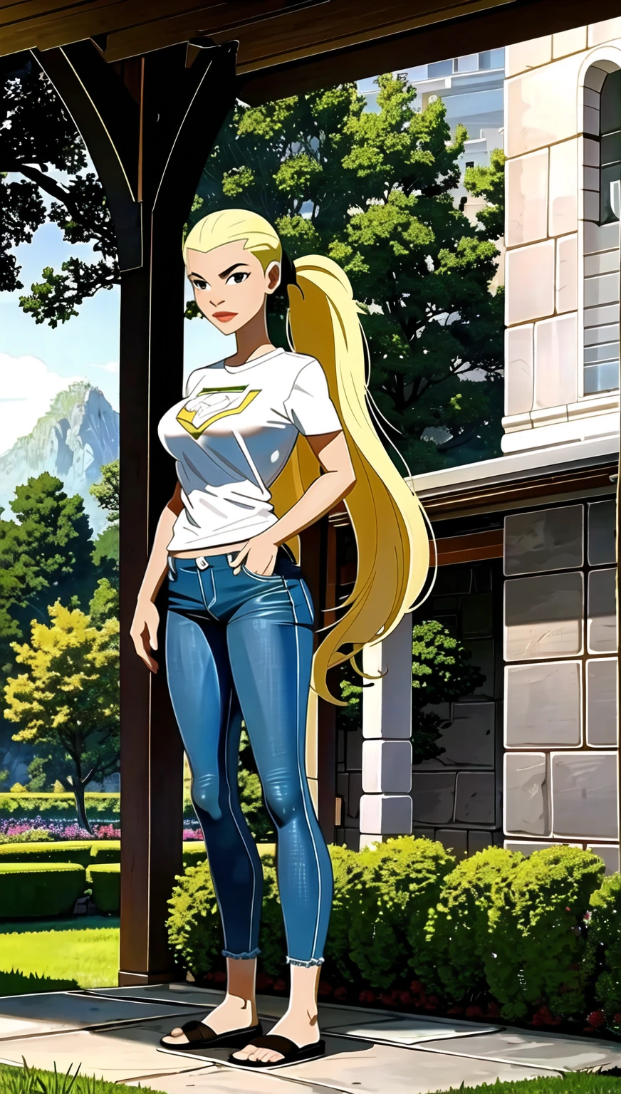 ((full body shot, standing, feet on the ground)) (cowboy shot), (masterpiece, best_quality, ultra-detailed, immaculate:1.3), epic, illustration,
BREAK
ArtemisYJ, ponytail,super long hair,
(Crop plan White t-shirt ),jeans,jacket ,medium breast 
BREAK
(courtyard, garden, outdoors, gorgeous view)