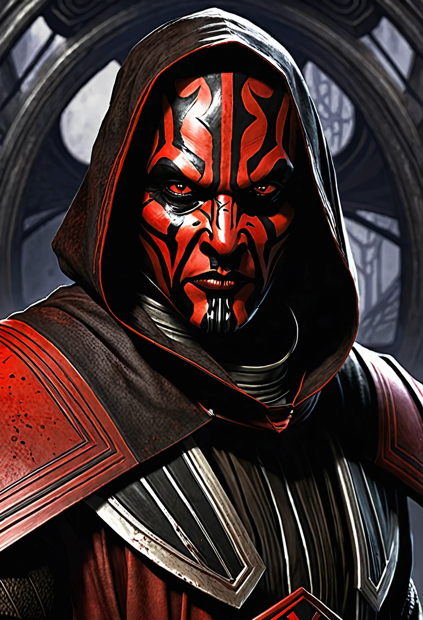 art by nicola samori, darth maul, sith lord, black armor, heavy armor, (mecha:1.5) armor, inside an ancient (sith temple:1.4), 