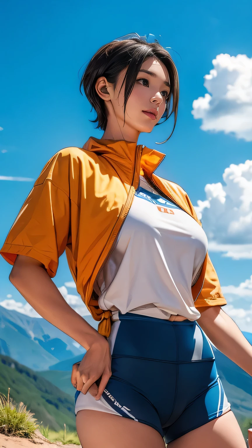 (girl, , Same height :1.2) , (Large Breasts:1.2, not good:1.2), masterpiece,Mountain Bike,Cycling enthusiasts,beautiful girl,business attire,Blue sky and white clouds,8K, 日本のgirl , Very short hair , Camel toe, (High color saturation:1.0), (The skin is very delicate), (best quality:1.0), (Ultra-high resolution:1.0) ,(Practical:1.0), (Very detailed:1.0), (8K, RAW photos:1.1)