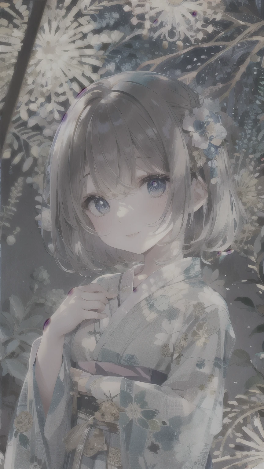 ((masterpiece, Highest quality, Super Definition, High definition)), alone, beautiful girl, Shining Eyes, Perfect Eyes, , Blue Theme, Yukata, firework
