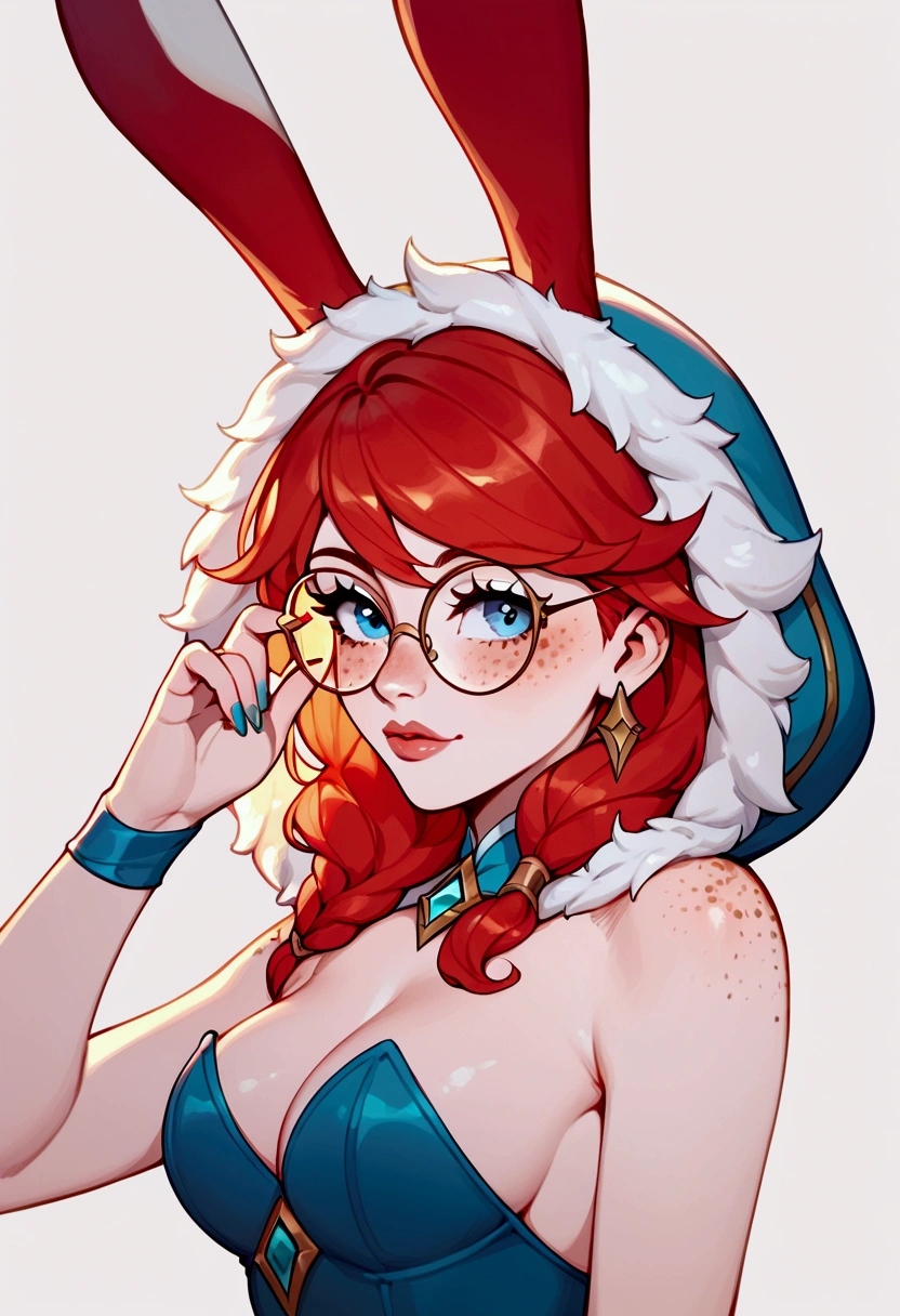 score_9, score_8_up, score_7_up, Aurora (league of legends), 1 girl, blue eyes, red hair, sexy, round glasses, freckles, bunny ears, squinty eyes, earrings, long eyelashes, sexy, pretty face, Bloom cosplay (Winx Club)