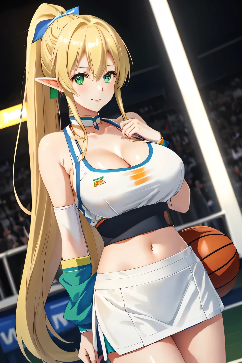 close up 1girl in, photo of leafa, Kirigaya Suguha, Solo, (straight blonde hair, ponytail, very long blonde hair, vivid green eyes), (perfect clear skin, pale skin, detailed skin, massive breasts, round breasts, Cleavage, perfect body), (thin hips, thin waist: 1.25), neutral face, cute smile, elf ears, (she is wearing A baggie basketball jersey, New York Knicks Jersey), basketball court, at a basketball game in the stands, basketball game, (realistic photo, best quality, detailed), (8k wallpaper), (cinematic lighting, beautiful light, (day:1.3)) (sharp focus, intricate), (dslr, realistic, looking at viewer, sharp focus, delicate, soft colors, cinematic)