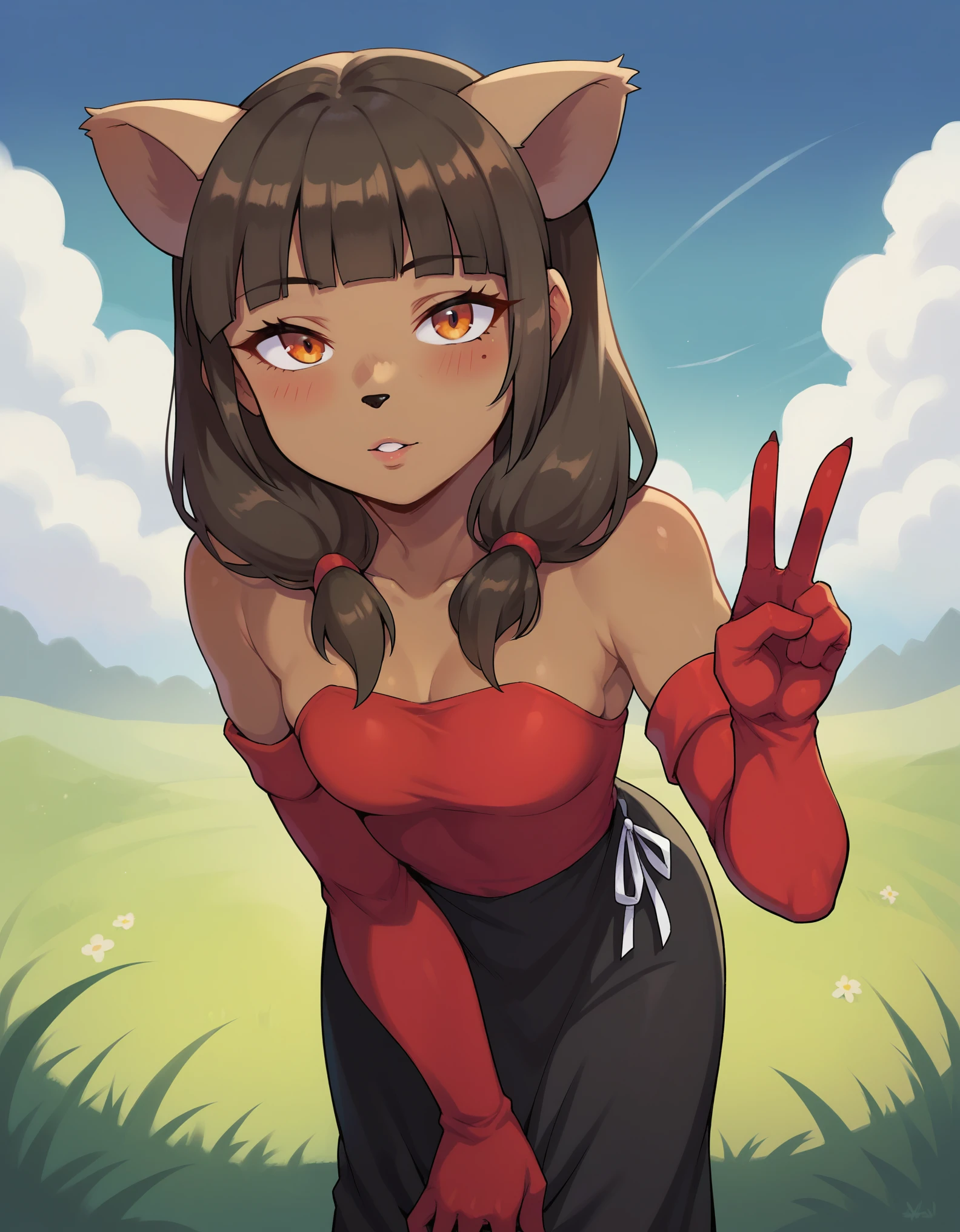 score_9, score_8_up, score_7_up, 1girl, Mirandaxl, dark skin, blunt bangs, twintails, orange eyes, animal nose, animal nose, cat girl, red dress, black dress, red elbow gloves, bare shoulders, leaning forward, cowboy shot, v sign, parted lips, blush, sky, grass