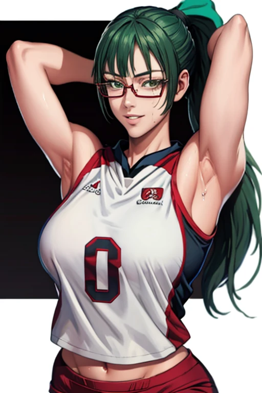 masterpiece, best quality, maki zenin, glasses, volleyball uniform, green hair, ponytail,red pants, looking at viewer, small breasts, upper body, portrait, looking at viewer, parted lips, seductive smile, sweating, arms up, detailed armpits,