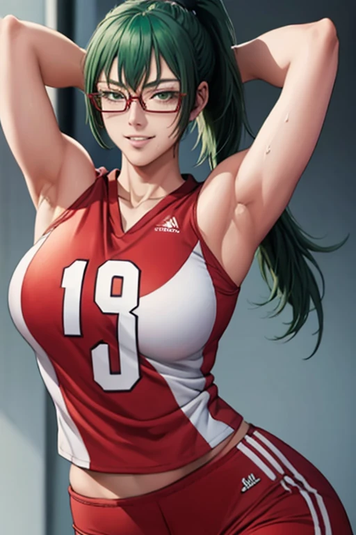 masterpiece, best quality, maki zenin, glasses, volleyball uniform, green hair, ponytail,red pants, looking at viewer, small breasts, upper body, portrait, looking at viewer, parted lips, seductive smile, sweating, arms up, detailed armpits,