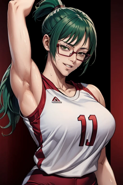 masterpiece, best quality, maki zenin, glasses, volleyball uniform, green hair, ponytail,red pants, looking at viewer, small breasts, upper body, portrait, looking at viewer, parted lips, seductive smile, sweating, arms up, detailed armpits,