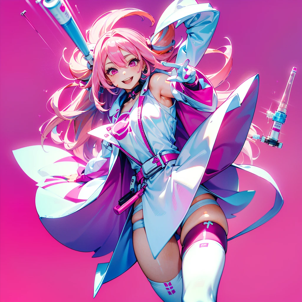 1girl、Dynamic composition、((Perspective Lens, A woman with long white and pink hair, Dynamic pose with a cute smiling face, He is holding a syringe bigger than himself towards the viewer.)) ((Pure Magenta Background:1.2)),Looks like she&#39;s in her early 20s,Shooting in mid-motion,With her long braided hair fluttering. Her outfit is a nurse&#39;s uniform,cleavage surgical nurse,  nurse cap, 、Black and deep pink color palette,And she&#39;s casually throwing money around,Be playful.,Super huge、detailed、Draw a big injection in the center of the screen、He is leaning his head out from the injection.、