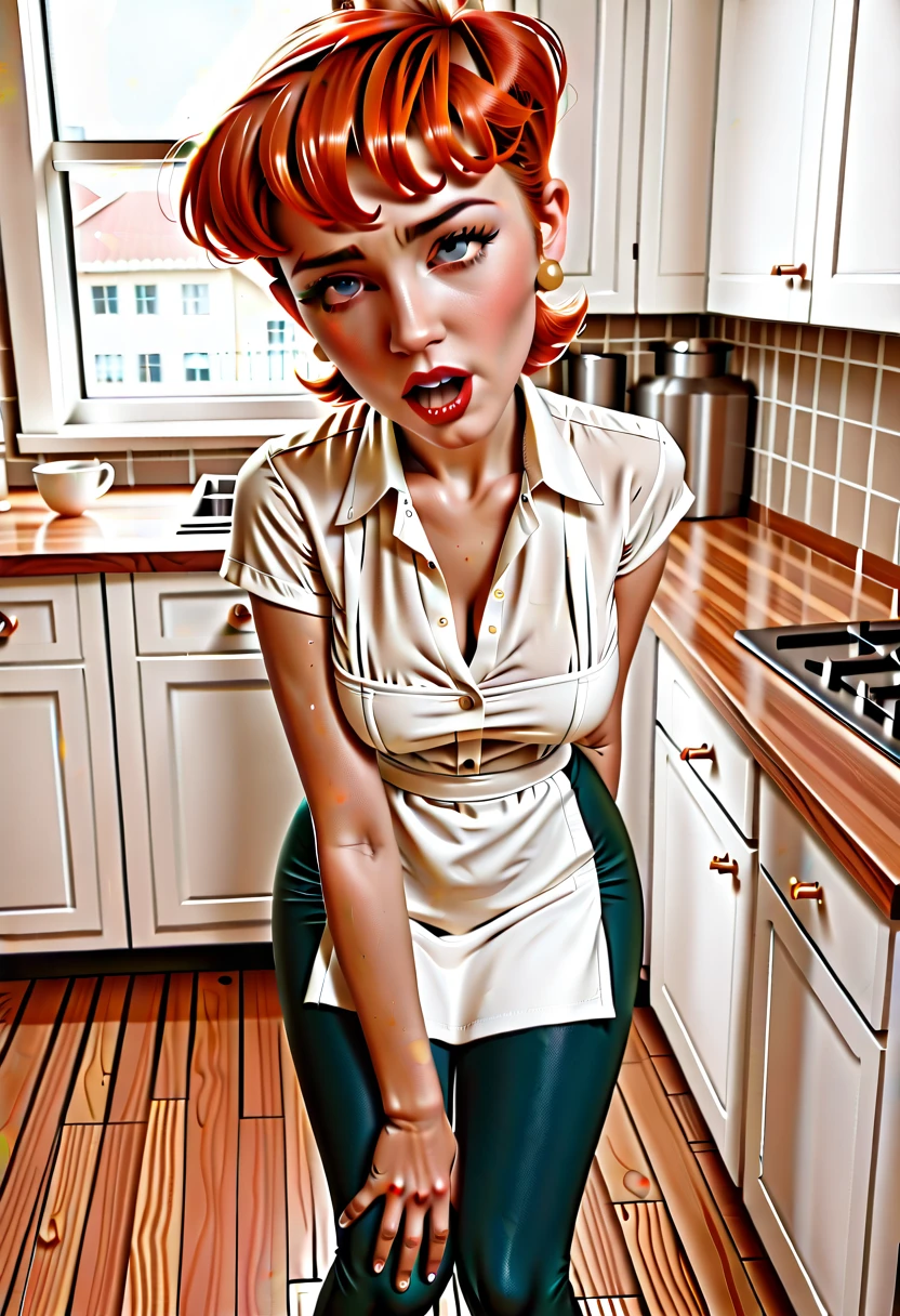 Dexter Mother from the cartoon "Dexter Laboratory", Red hair, short hair, perfect hands, big breasts, light green unbuttoned blouse, neckline, white apron, green sports leggings, on one's knees, In a kitchen, Cara de ahegao, from above his head, POV I am a priest, close up.