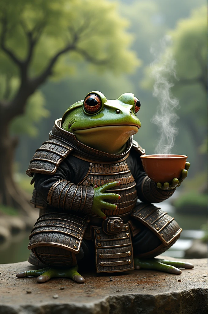 Studio Ghibli style. Frog wearing clothes from feudal Japan. ao por do sol