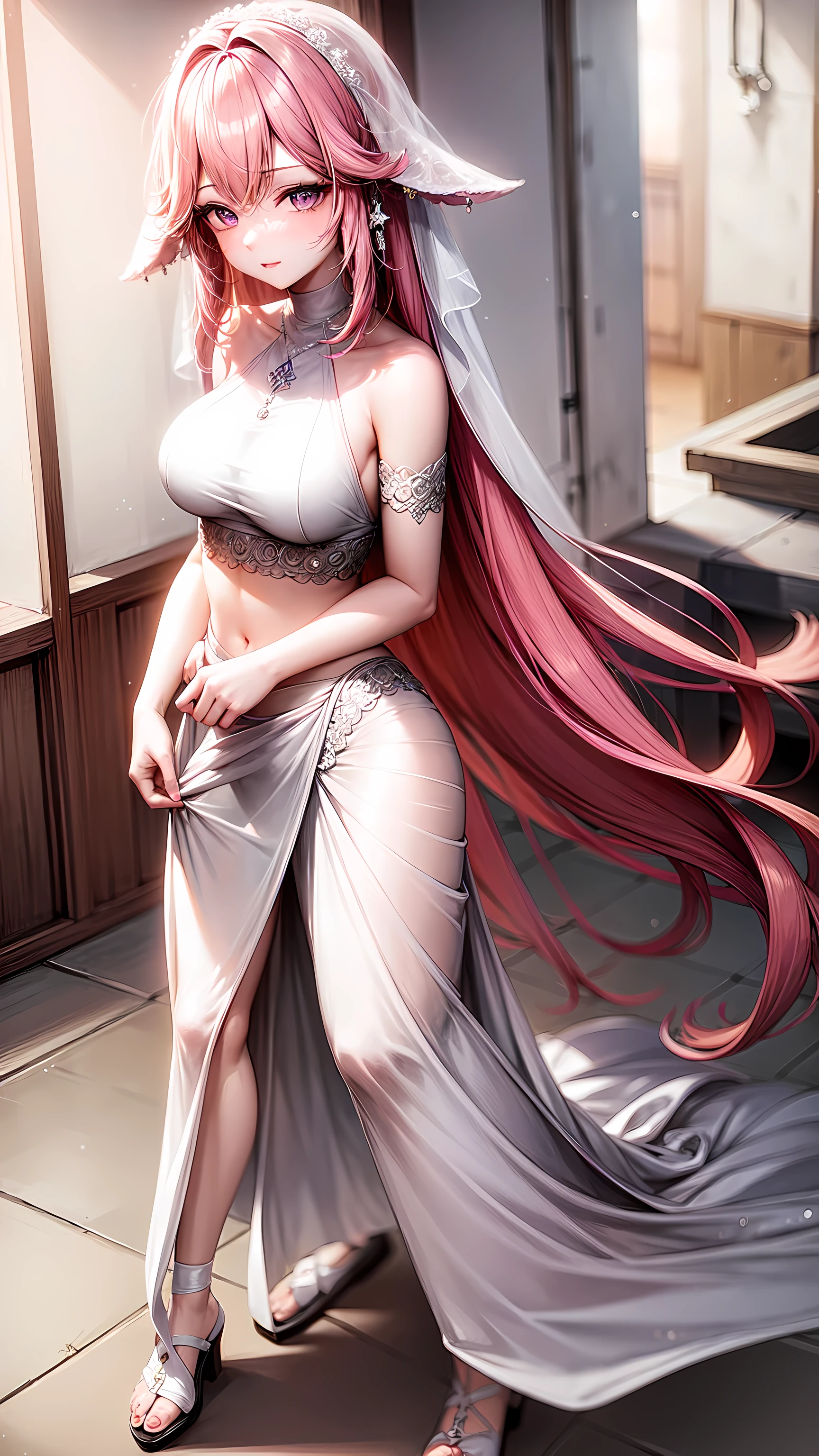 purple eyes,Wedding dress,long skirt,crop top,pink hair