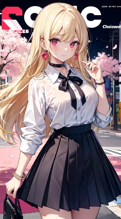 masterpiece, best quality, full body, 1girl, bangs, black choker, black necktie, blonde hair, blue skirt, blush, bracelet, breasts, choker, clothes around waist, collarbone, collared shirt, cowboy shot, dress shirt, ear piercing, eyebrows visible through hair, gradient hair, grin, gyaru, jewelry, kogal, long hair, looking at viewer, loose necktie, necktie, piercing, plaid, plaid skirt, pleated skirt, red eyes, ring, school uniform, shirt, skirt, smile, solo, white shirt, street, sky, cherry blossoms, petals,illustration, (magazine:1.3), (cover-style:1.3), fashionable, woman, vibrant, outfit, posing, front, colorful, dynamic, background, elements, confident, expression, holding, statement, accessory, majestic, coiled, around, touch, scene, text, cover, bold, attention-grabbing, title, stylish, font, catchy, headline, larger, striking, modern, trendy, focus, fashion,
