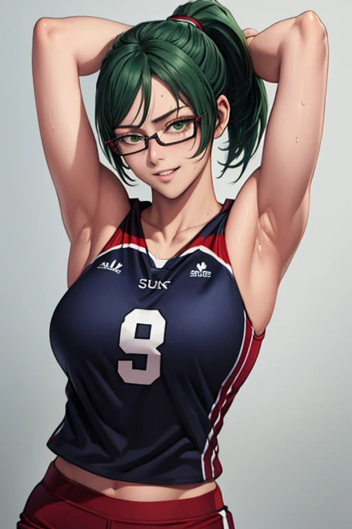 masterpiece, best quality, maki zenin, glasses, volleyball uniform, green hair, ponytail,red pants, looking at viewer, small breasts, upper body, portrait, looking at viewer, parted lips, seductive smile, sweating, arms up, detailed armpits,