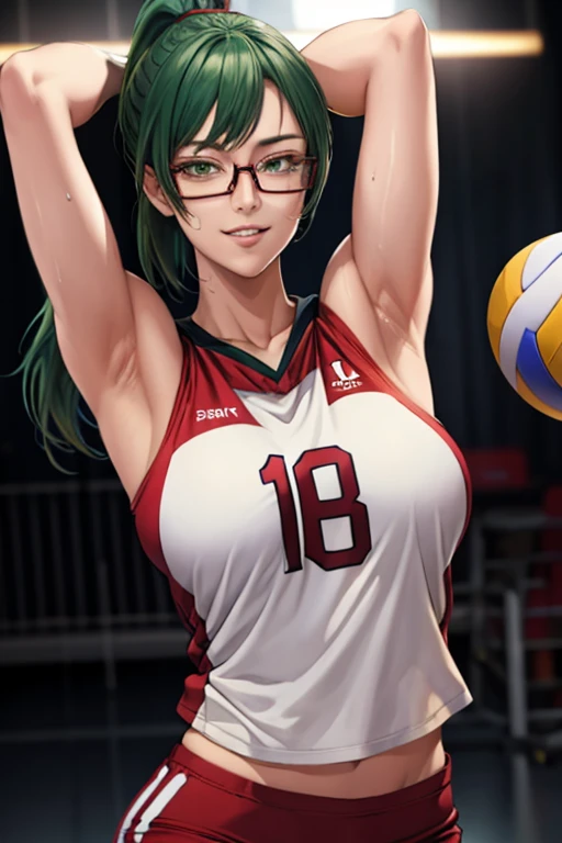 masterpiece, best quality, maki zenin, glasses, volleyball uniform, green hair, ponytail,red pants, looking at viewer, small breasts, upper body, portrait, looking at viewer, parted lips, seductive smile, sweating, arms up, detailed armpits,