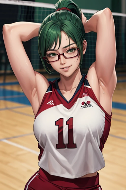 masterpiece, best quality, maki zenin, glasses, volleyball uniform, green hair, ponytail,red pants, looking at viewer, small breasts, upper body, portrait, looking at viewer, parted lips, seductive smile, sweating, arms up, detailed armpits,