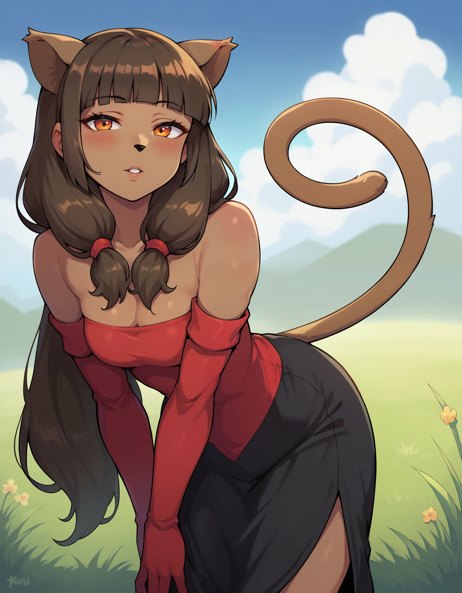 score_9, score_8_up, score_7_up, 1girl, Mirandaxl, dark skin, blunt bangs, twintails, orange eyes, animal nose, animal nose, cat girl, red dress, black dress, red elbow gloves, bare shoulders, leaning forward, cowboy shot, v sign, parted lips, blush, sky, grass