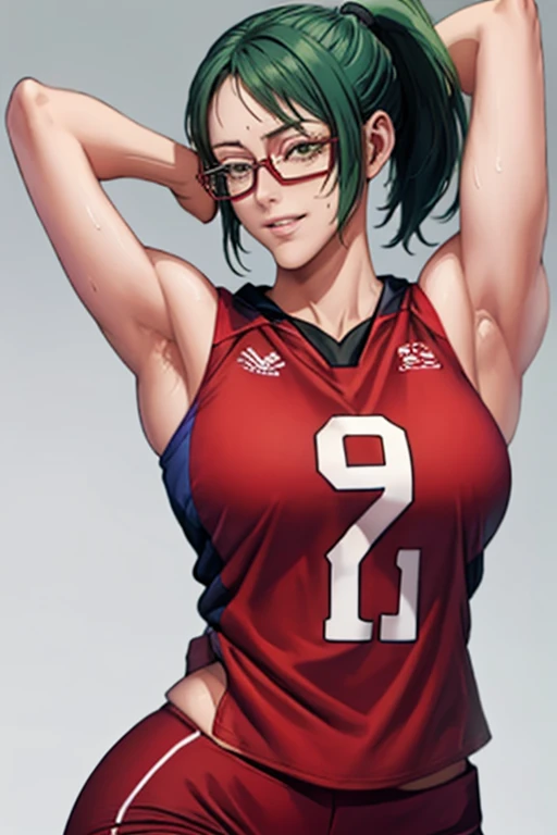 masterpiece, best quality, maki zenin, glasses, volleyball uniform, green hair, ponytail,red pants, looking at viewer, small breasts, upper body, portrait, looking at viewer, parted lips, seductive smile, sweating, arms up, detailed armpits,