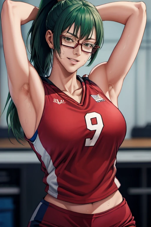 masterpiece, best quality, maki zenin, glasses, volleyball uniform, green hair, ponytail,red pants, looking at viewer, small breasts, upper body, portrait, looking at viewer, parted lips, seductive smile, sweating, arms up, detailed armpits,