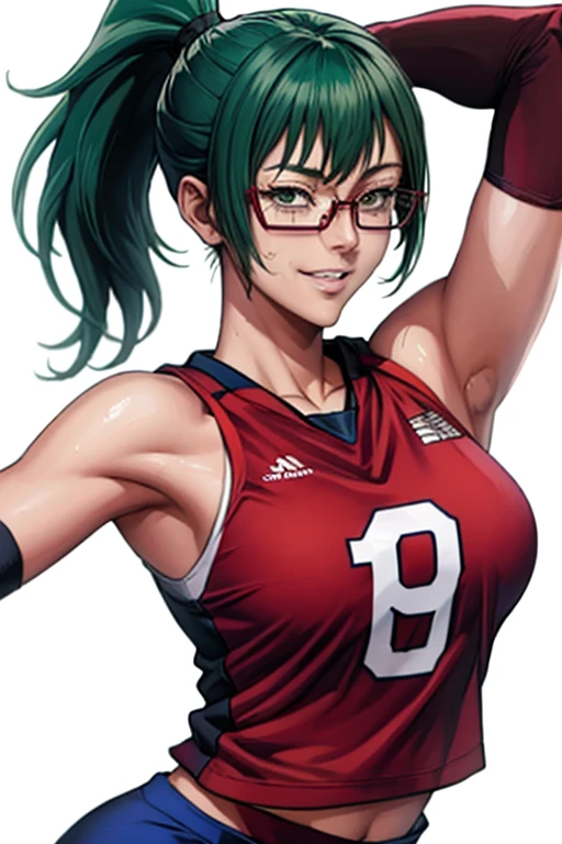 masterpiece, best quality, maki zenin, glasses, volleyball uniform, green hair, ponytail,red pants, looking at viewer, small breasts, upper body, portrait, looking at viewer, parted lips, seductive smile, sweating, arms up, detailed armpits,