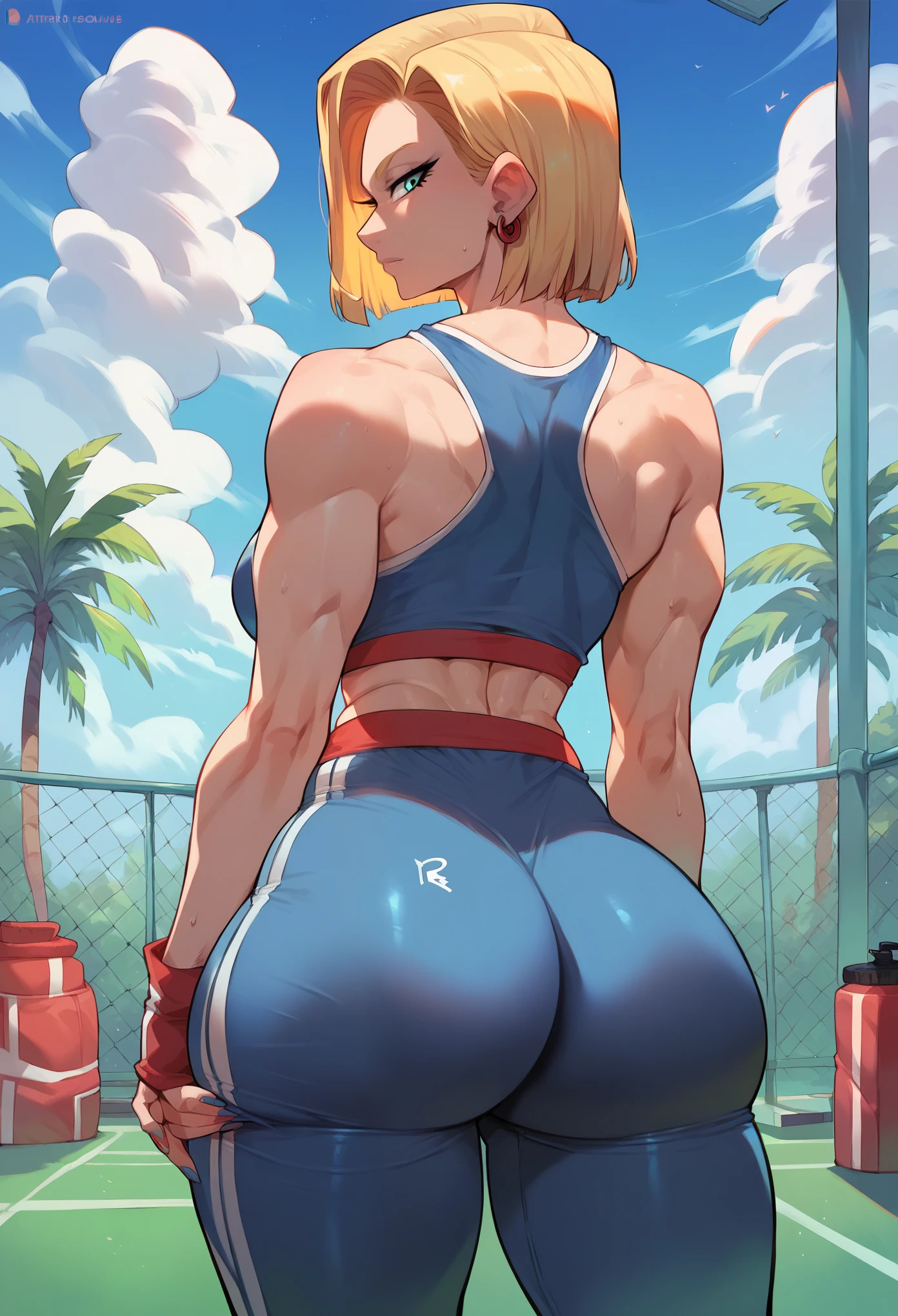 score_9, score_8_Excellent, anime, alone, Sitting, Foot sweat, odor,  脚 AND18, Android 18, alone, Blonde, blue eyes,short hair, five fingers curvy very embarrassed expression tight sportswear indoors sweat hair protruding groin muscles thick legs huge ass showing off ass to viewer backwards close up in front of eyes emphasising ass squatting putting her ass in front of the viewer filling the screen her ass is right in front of her eyes a picture with her ass as the main focus a huge ass shaking her ass up and down putting her hands on the floor and sticking her ass out an unbelievably large ass a gigantic ass