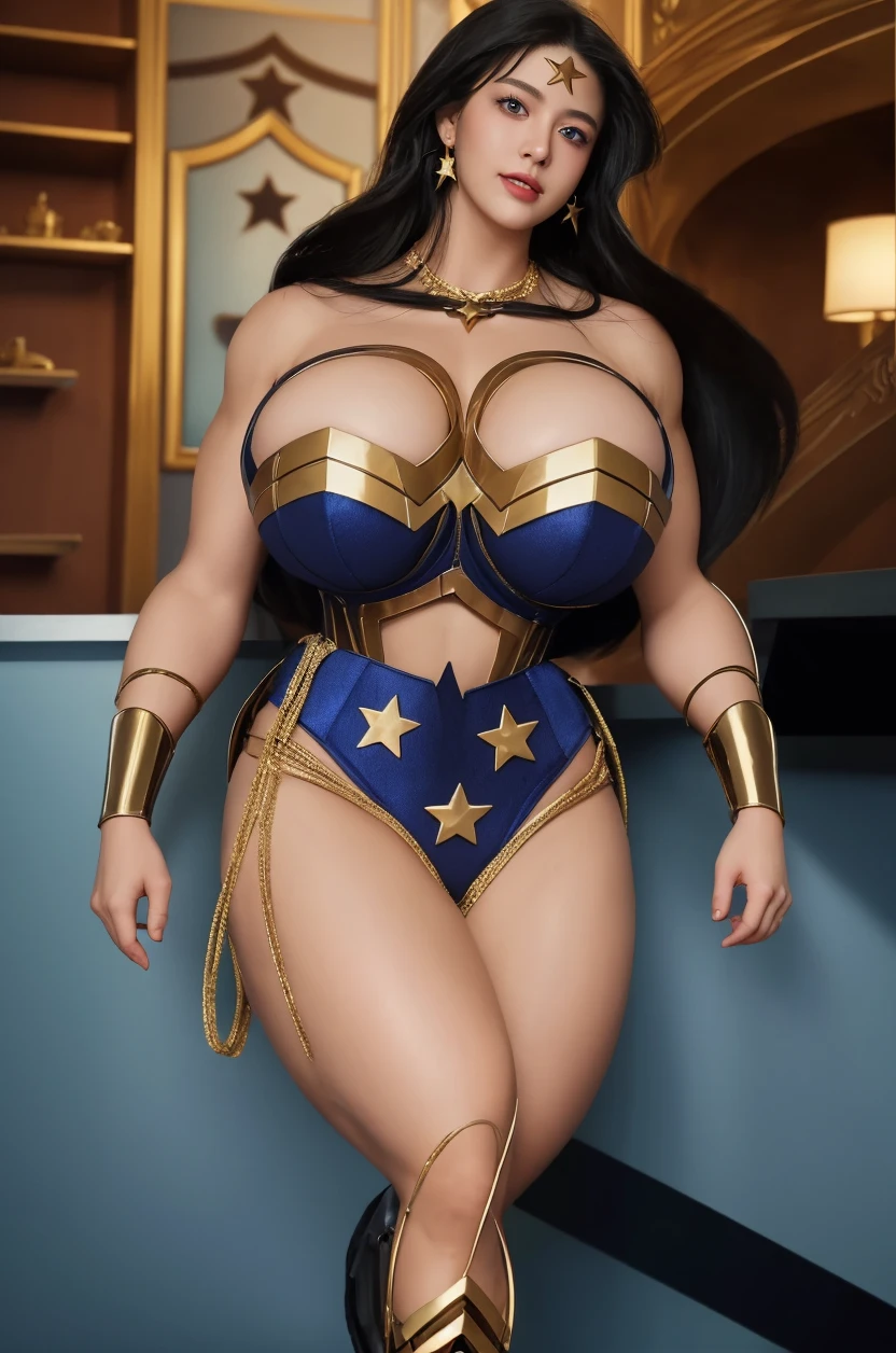 wonder woman costume, huge breasts, big sized breast, big smile, busty girl, cleavage, MILF, thigh legs, Long black hair, hair over shoulder,  brown eyes, perfect curvy shaped body, wonder woman costume, ultra realistic squinting sexy eyes ,  massive sized breast, standing, thigh legs, brown colour eyes, ultra realistic detailed shiny brown eyes, beautiful and perfect face, sunlight and garden background, black hair, bright brown colour eyes, wonder woman costume,