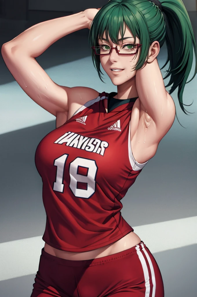 masterpiece, best quality, maki zenin, glasses, volleyball uniform, green hair, ponytail,red pants, looking at viewer, small breasts, upper body, portrait, looking at viewer, parted lips, seductive smile, sweating, arms up, detailed armpits,