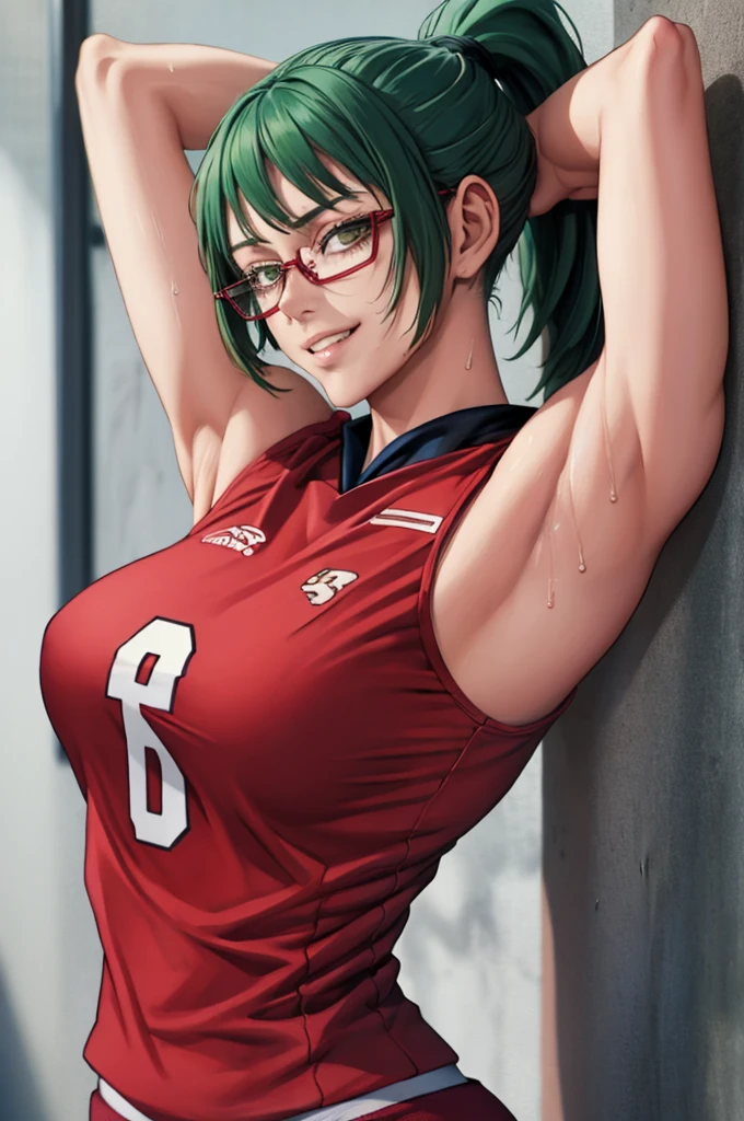 masterpiece, best quality, maki zenin, glasses, volleyball uniform, green hair, ponytail,red pants, looking at viewer, small breasts, upper body, portrait, looking at viewer, parted lips, seductive smile, sweating, arms up, detailed armpits,