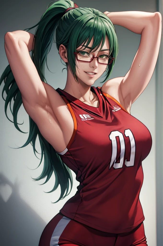 masterpiece, best quality, maki zenin, glasses, volleyball uniform, green hair, ponytail,red pants, looking at viewer, small breasts, upper body, portrait, looking at viewer, parted lips, seductive smile, sweating, arms up, detailed armpits,