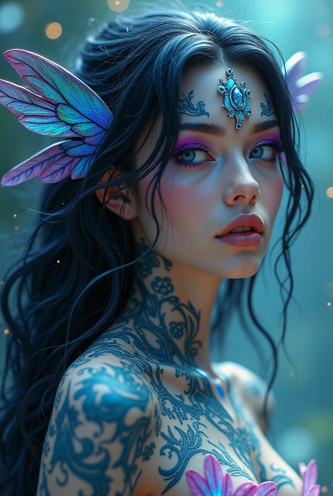 Create a hyper detailed photograph of a tattooed young sexy kaiju , Stunningly perfect gorgeous feminine face, perfect makeup, detailed vibrant neon sapphire eyes, long hair, back, perfect body, detailed silky smooth skin, large natural breast, big round ass, nude, thong