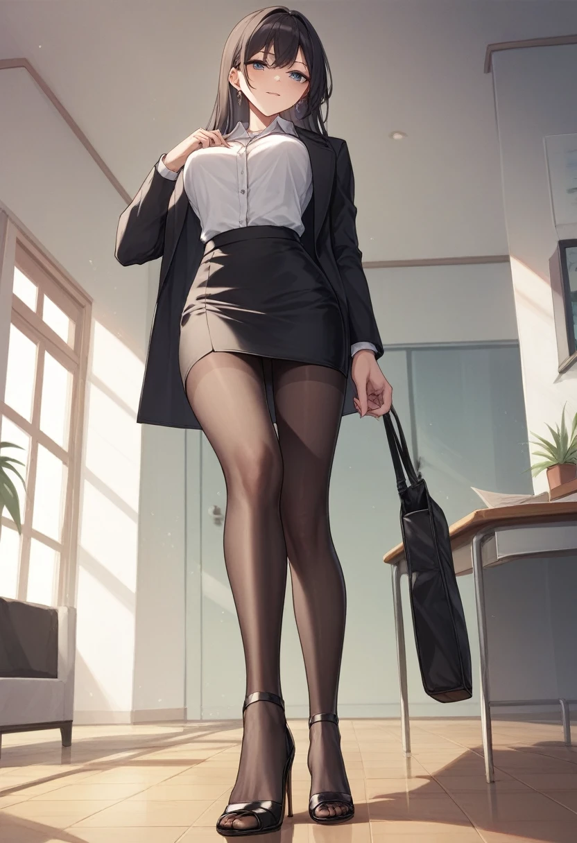 ((Best Quality)), ((masterpiece)), (be familiar with) Perfect Face、Mature beautiful woman、Standing, The whole body, even the toes, See the audience at your feet、Looking down、Office Style、business suit、Black jacket、White open shirt、Black knee-length pencil skirt、Black Pantyhose、Wearing black high heel pumps、Looking Down、thrust one&#39;s high-heeled feet towards the viewer、Trying to step on、High heels close up、The soles of the shoes are visible、Beige soles、A viewer looks up at this woman from below