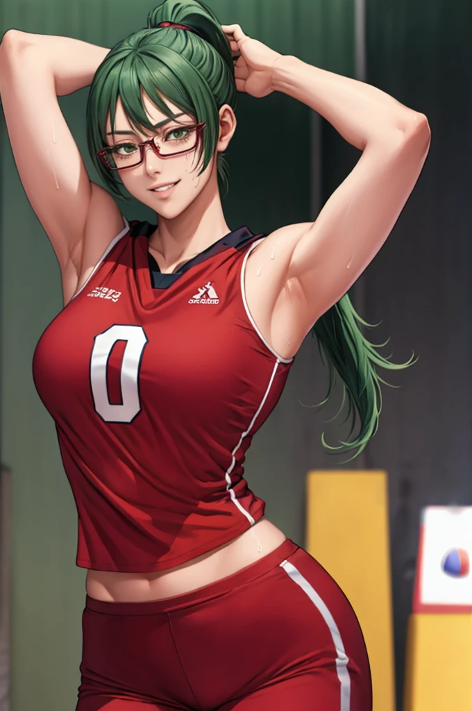 masterpiece, best quality, maki zenin, glasses, volleyball uniform, green hair, ponytail,red pants, looking at viewer, small breasts, upper body, portrait, looking at viewer, parted lips, seductive smile, sweating, arms up, detailed armpits,