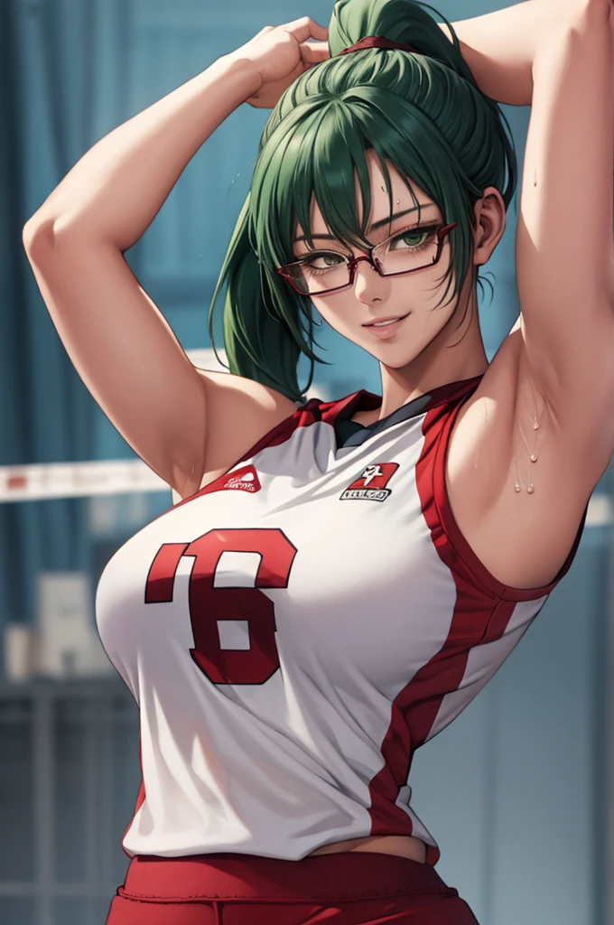 masterpiece, best quality, maki zenin, glasses, volleyball uniform, green hair, ponytail,red pants, looking at viewer, small breasts, upper body, portrait, looking at viewer, parted lips, seductive smile, sweating, arms up, detailed armpits,