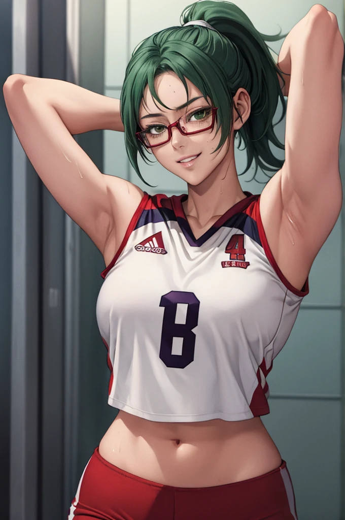 masterpiece, best quality, maki zenin, glasses, volleyball uniform, green hair, ponytail,red pants, looking at viewer, small breasts, upper body, portrait, looking at viewer, parted lips, seductive smile, sweating, arms up, detailed armpits,