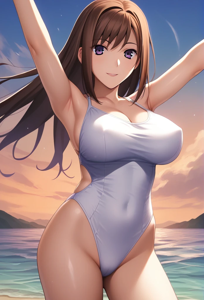 Score_9, Score_8_up, Score_7_up, source_anime, One girl,Hirokazu Koyama ,(masterpiece),(Best Quality),(Very detailed),(Best illustrations),(Best Shadow),(Absurd),(Detailed Background]]),(so beautiful), takamura yui, Brown Hair, Purple eyes, Long Hair, Seductive lips, Large Breasts, Charming smile, White swimsuit, Spread your arms, The background is blue sky,whole body,Cowboy Shot, 